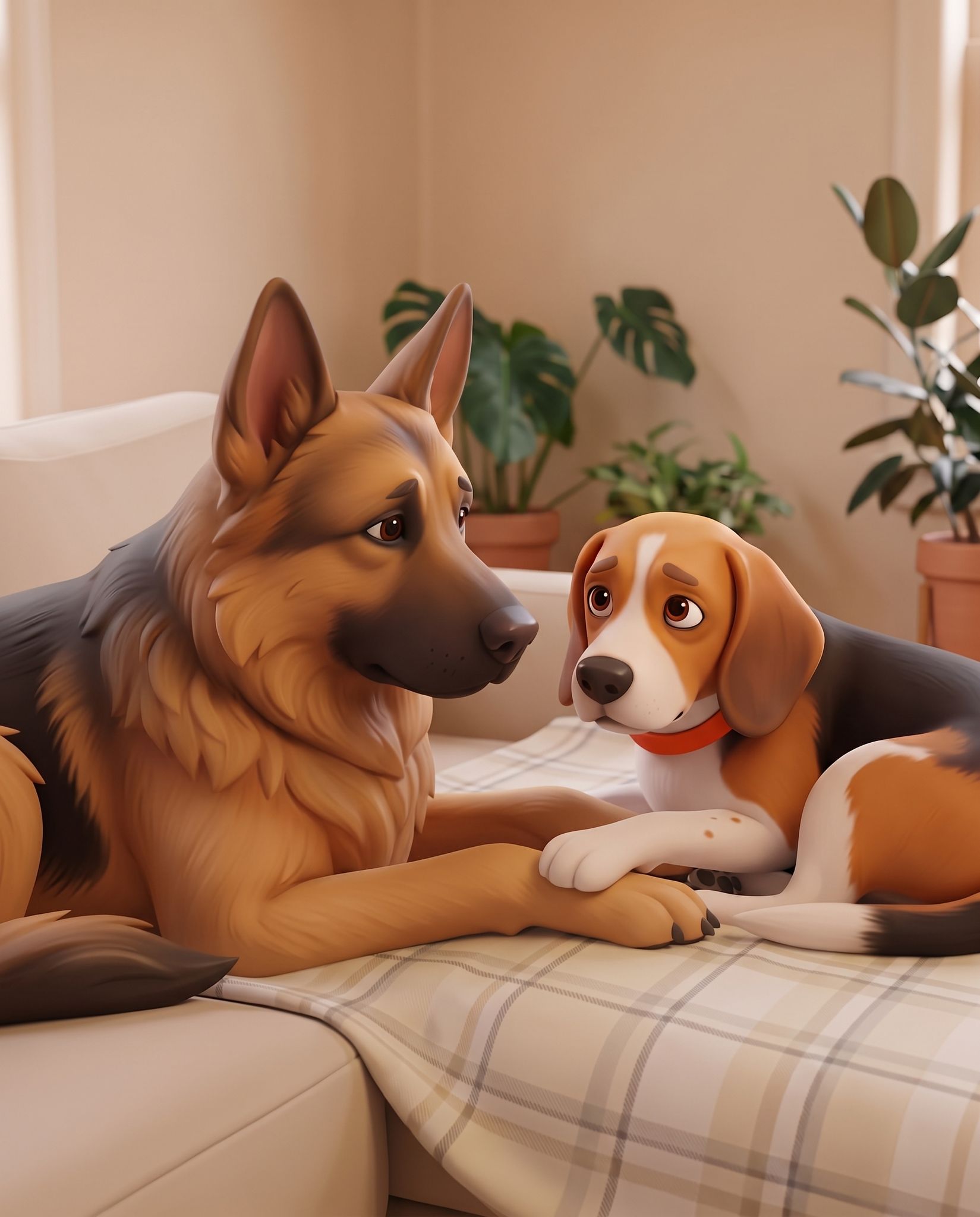 A German shepherd and the Sniff beagle resting together on a sofa